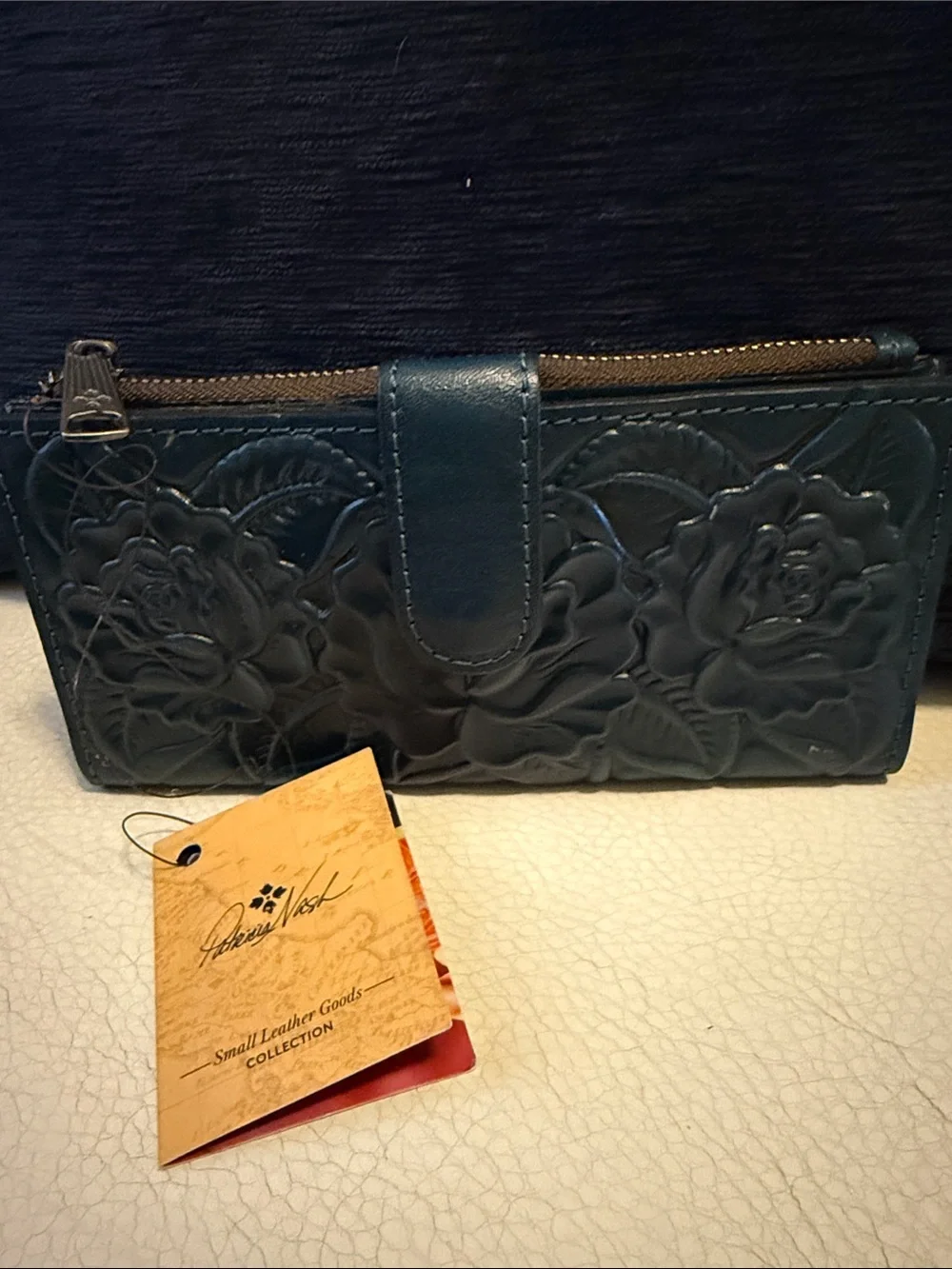 Patricia Nash Caribbean Blue Floral Embossed Leather Wallet